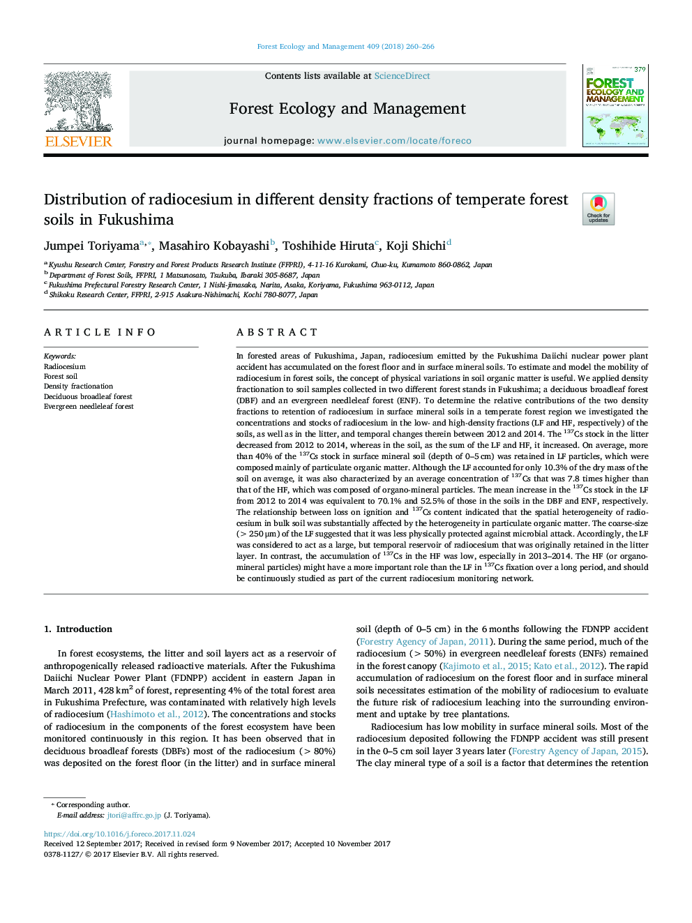 Distribution of radiocesium in different density fractions of temperate forest soils in Fukushima