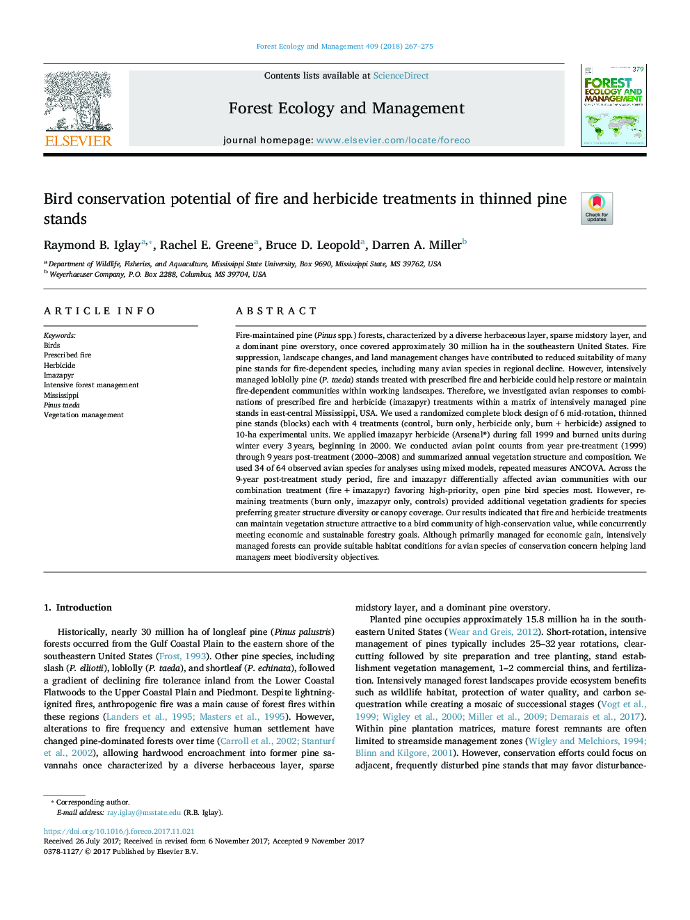 Bird conservation potential of fire and herbicide treatments in thinned pine stands