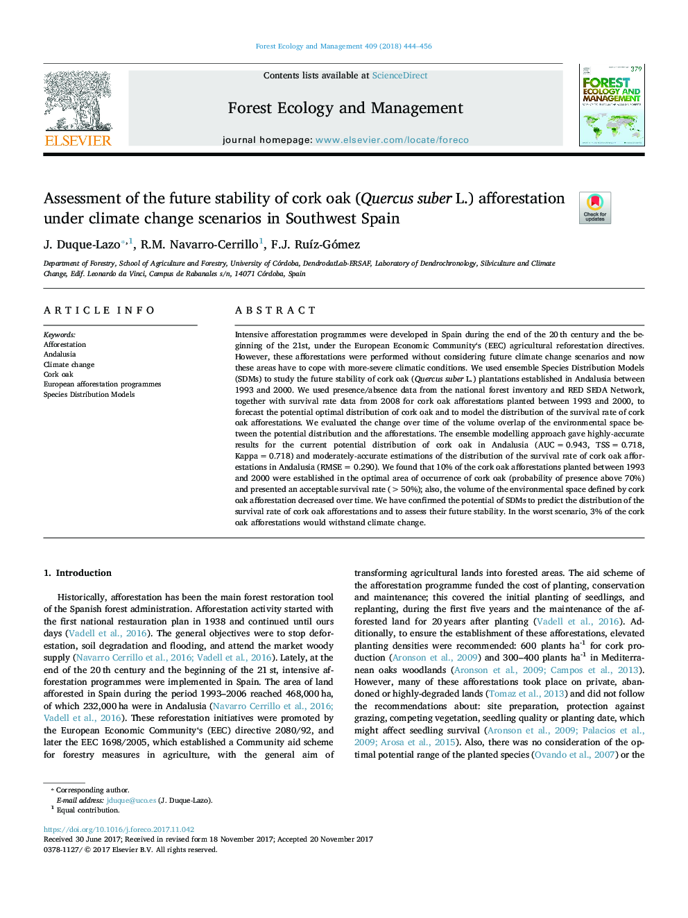 Assessment of the future stability of cork oak (Quercus suber L.) afforestation under climate change scenarios in Southwest Spain