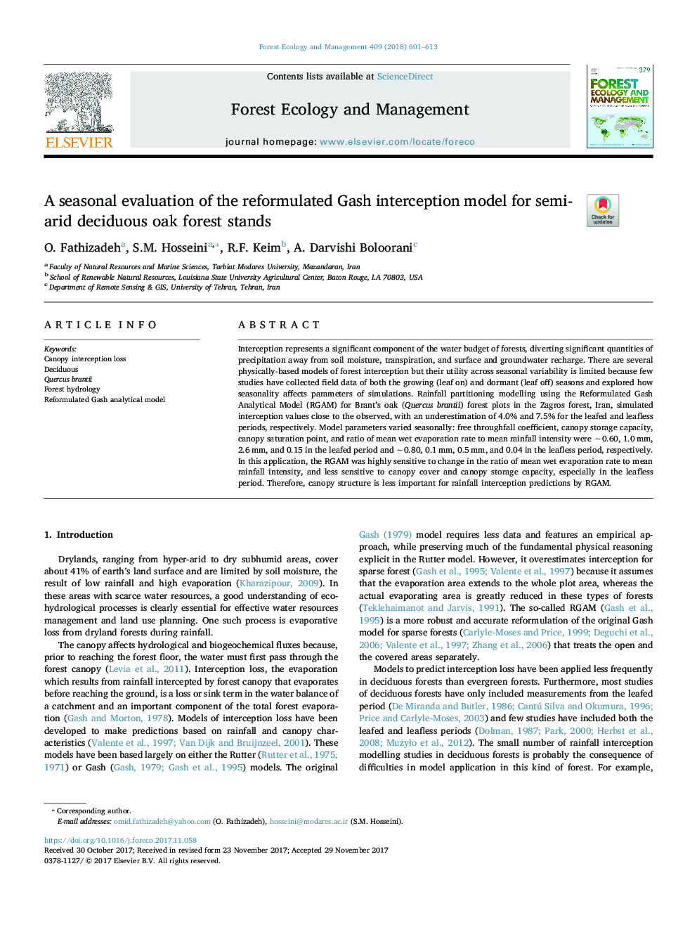 A seasonal evaluation of the reformulated Gash interception model for semi-arid deciduous oak forest stands