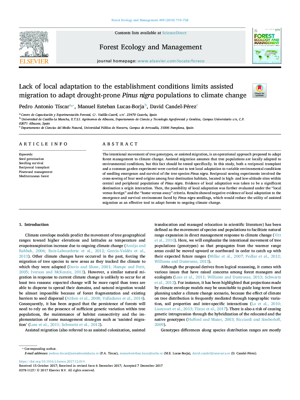 Lack of local adaptation to the establishment conditions limits assisted migration to adapt drought-prone Pinus nigra populations to climate change