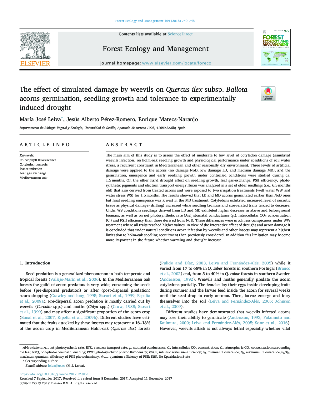 The effect of simulated damage by weevils on Quercus ilex subsp. Ballota acorns germination, seedling growth and tolerance to experimentally induced drought