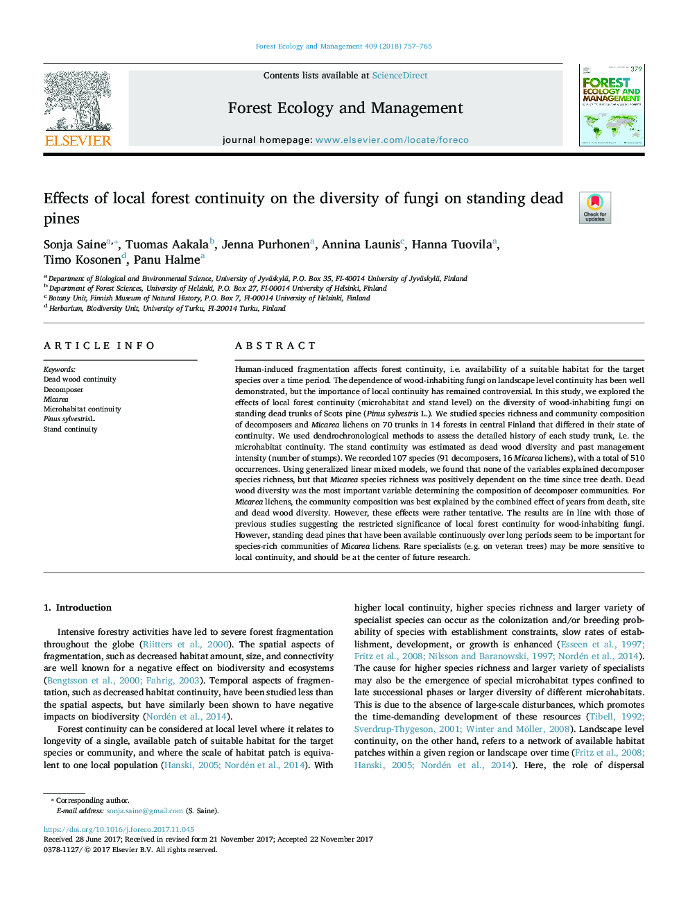 Effects of local forest continuity on the diversity of fungi on standing dead pines