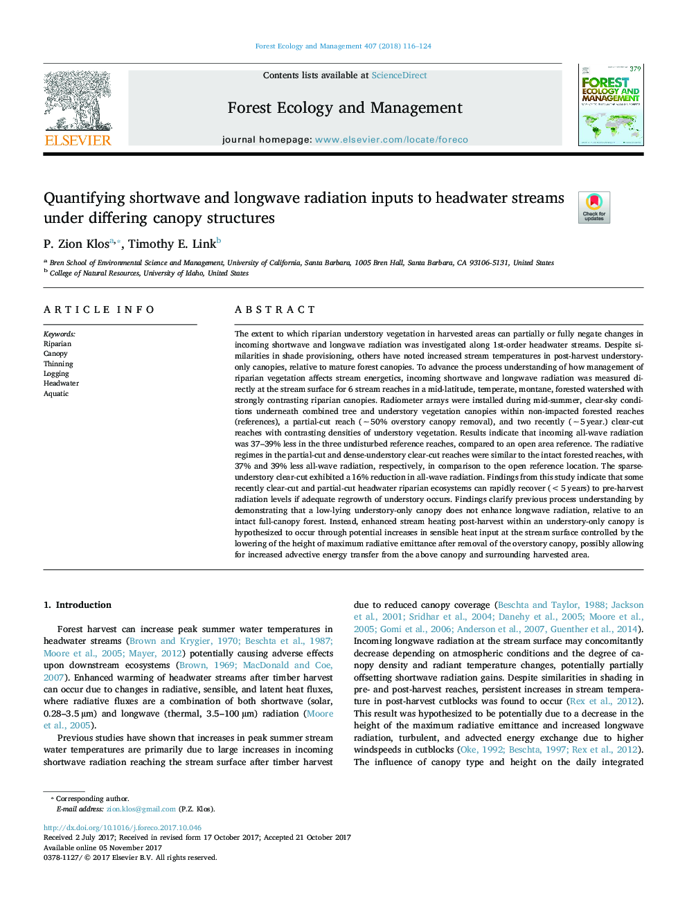 Quantifying shortwave and longwave radiation inputs to headwater streams under differing canopy structures