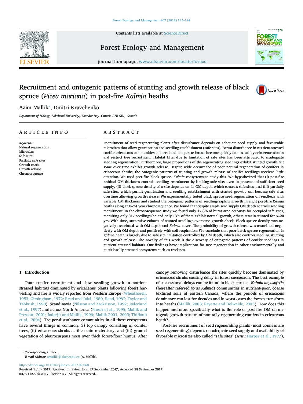 Recruitment and ontogenic patterns of stunting and growth release of black spruce (Picea mariana) in post-fire Kalmia heaths
