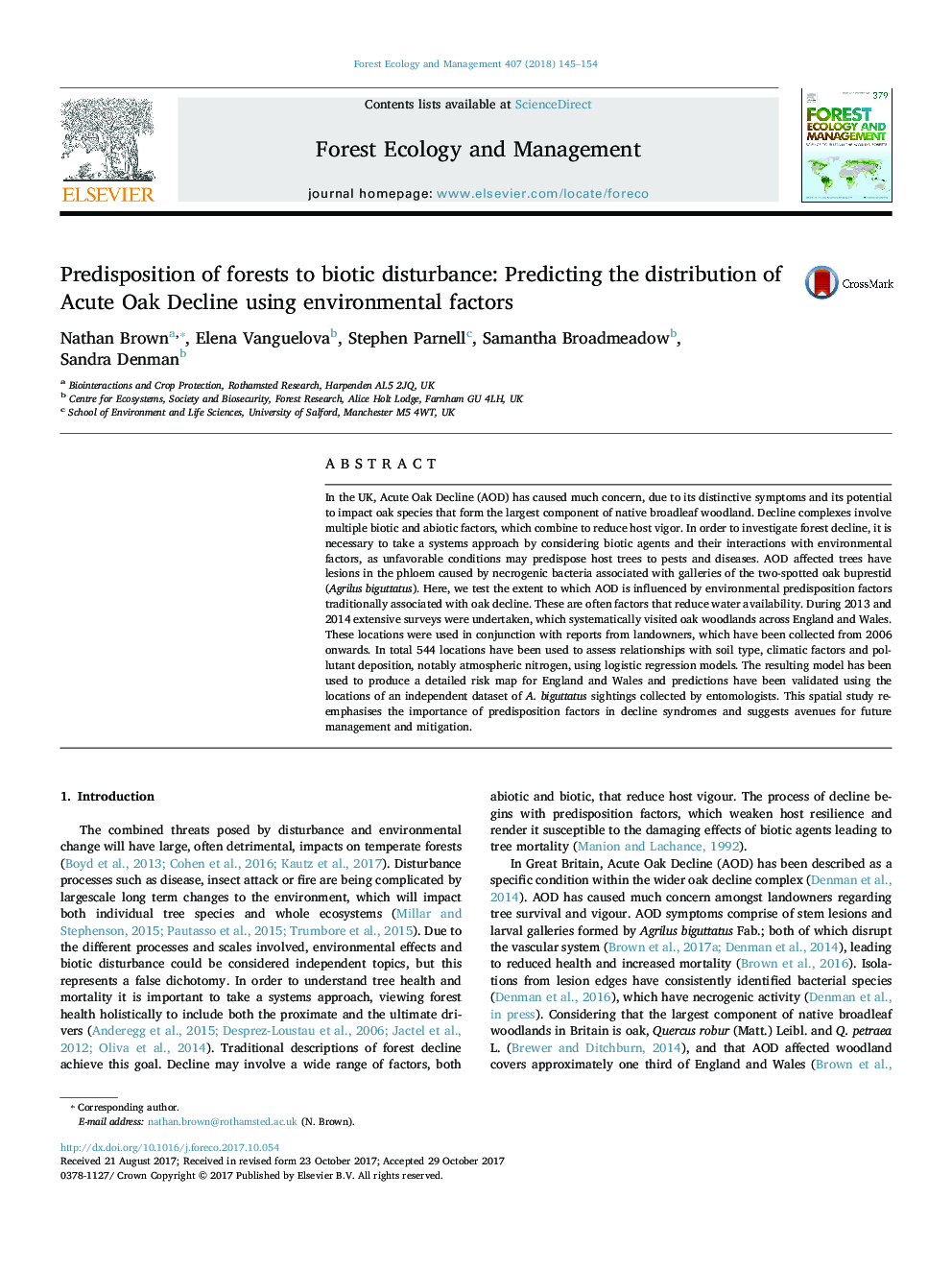 Predisposition of forests to biotic disturbance: Predicting the distribution of Acute Oak Decline using environmental factors