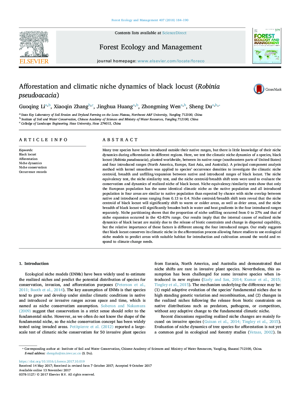 Afforestation and climatic niche dynamics of black locust (Robinia pseudoacacia)