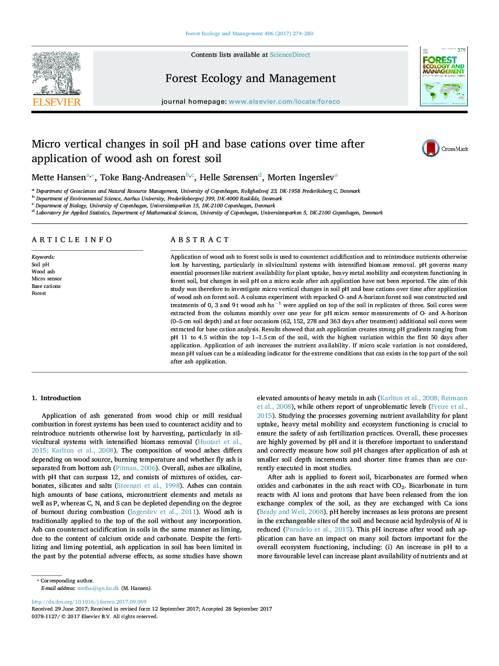 Micro vertical changes in soil pH and base cations over time after application of wood ash on forest soil