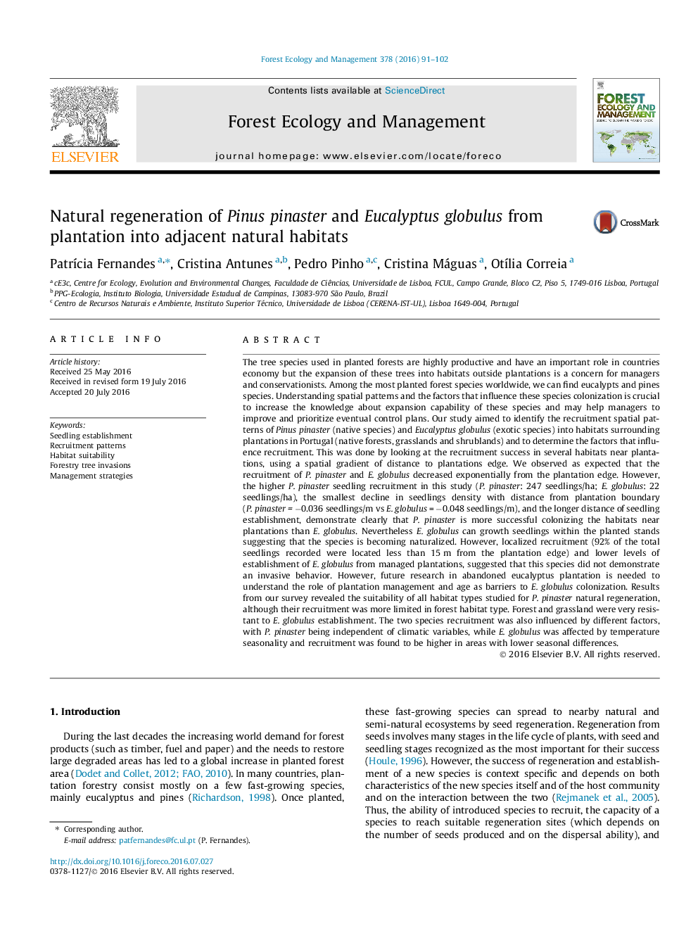 Natural regeneration of Pinus pinaster and Eucalyptus globulus from plantation into adjacent natural habitats