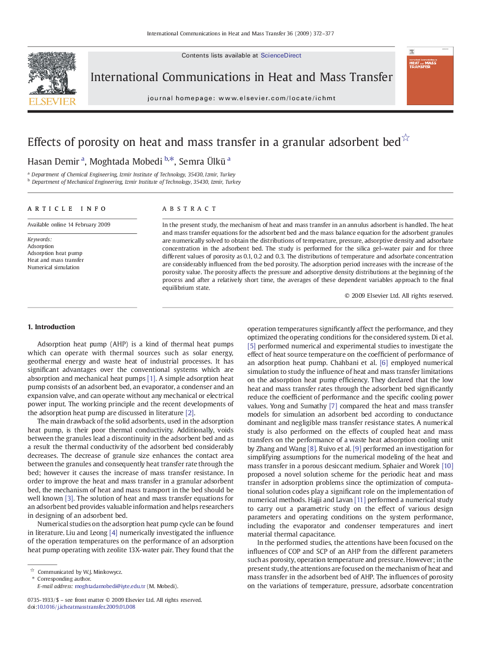 Effects of porosity on heat and mass transfer in a granular adsorbent bed 