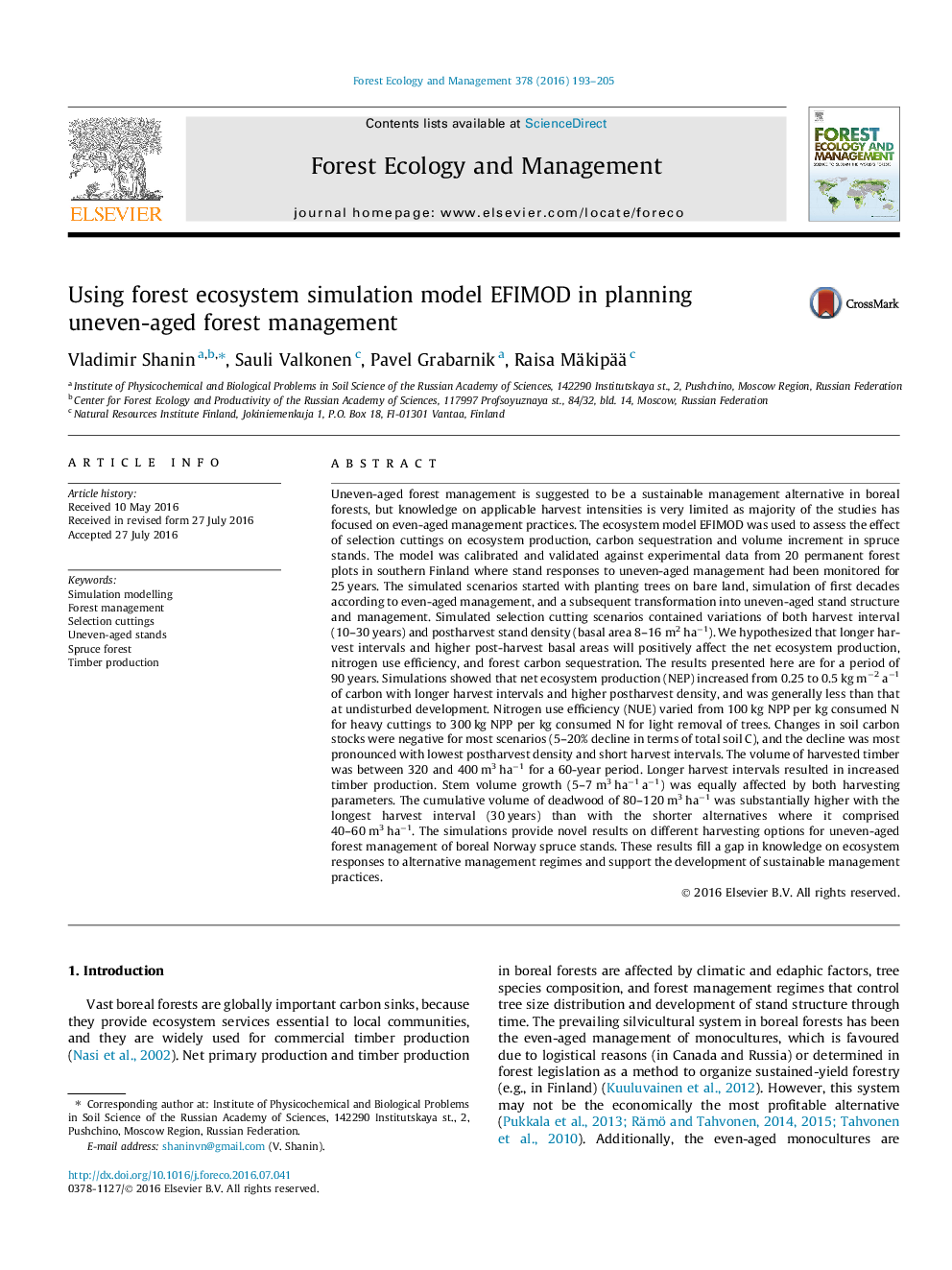 Using forest ecosystem simulation model EFIMOD in planning uneven-aged forest management