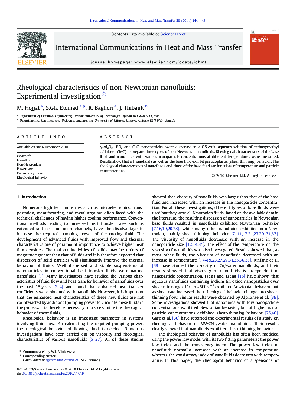 Rheological characteristics of non-Newtonian nanofluids: Experimental investigation 