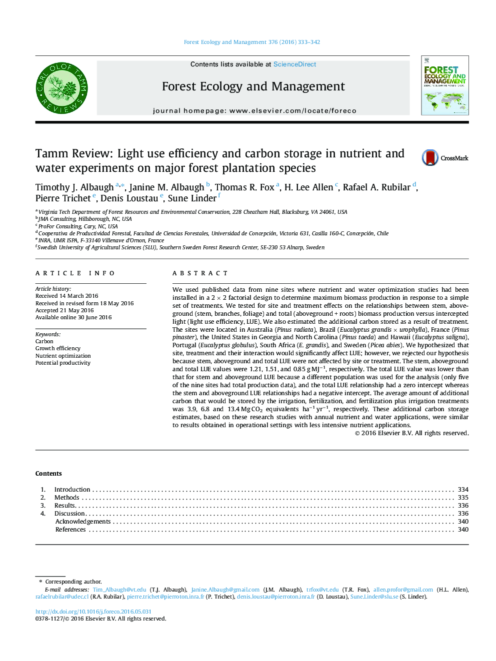 Tamm Review: Light use efficiency and carbon storage in nutrient and water experiments on major forest plantation species