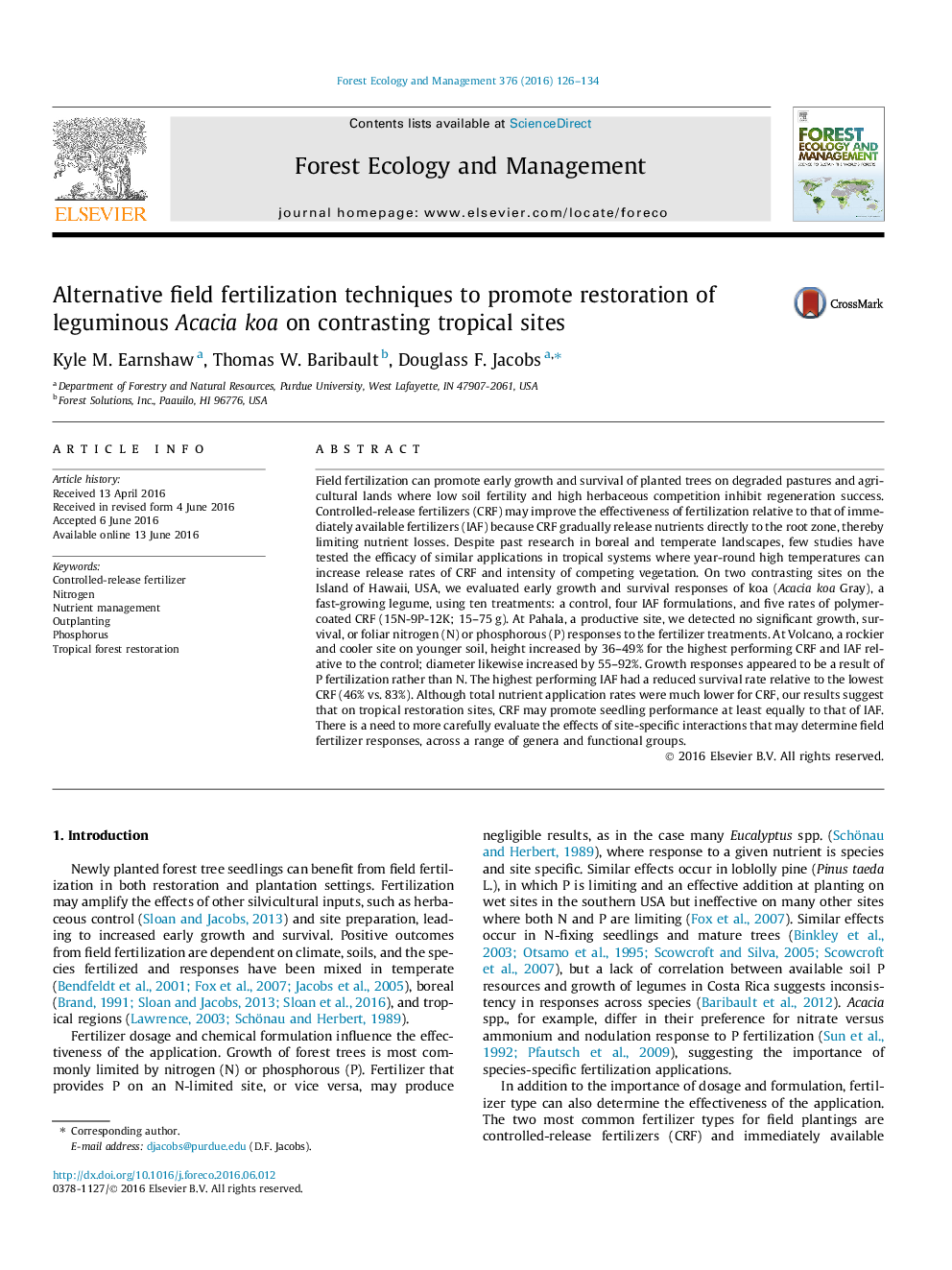 Alternative field fertilization techniques to promote restoration of leguminous Acacia koa on contrasting tropical sites