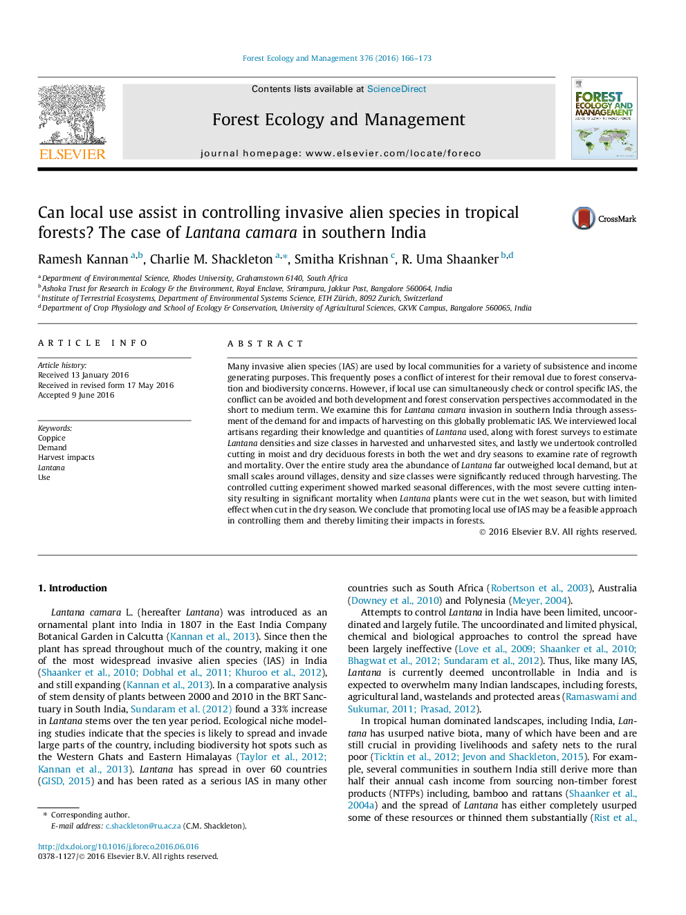 Can local use assist in controlling invasive alien species in tropical forests? The case of Lantana camara in southern India