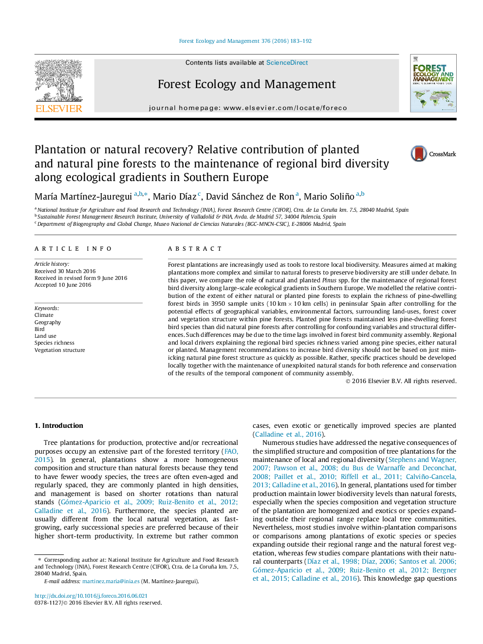 Plantation or natural recovery? Relative contribution of planted and natural pine forests to the maintenance of regional bird diversity along ecological gradients in Southern Europe