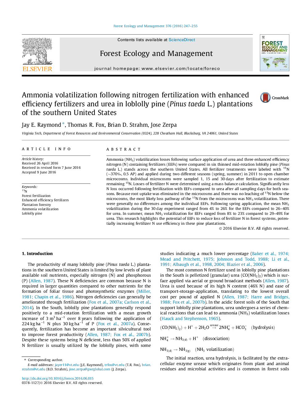 Ammonia volatilization following nitrogen fertilization with enhanced efficiency fertilizers and urea in loblolly pine (Pinus taeda L.) plantations of the southern United States