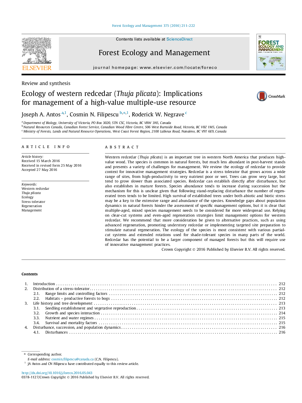 Ecology of western redcedar (Thuja plicata): Implications for management of a high-value multiple-use resource