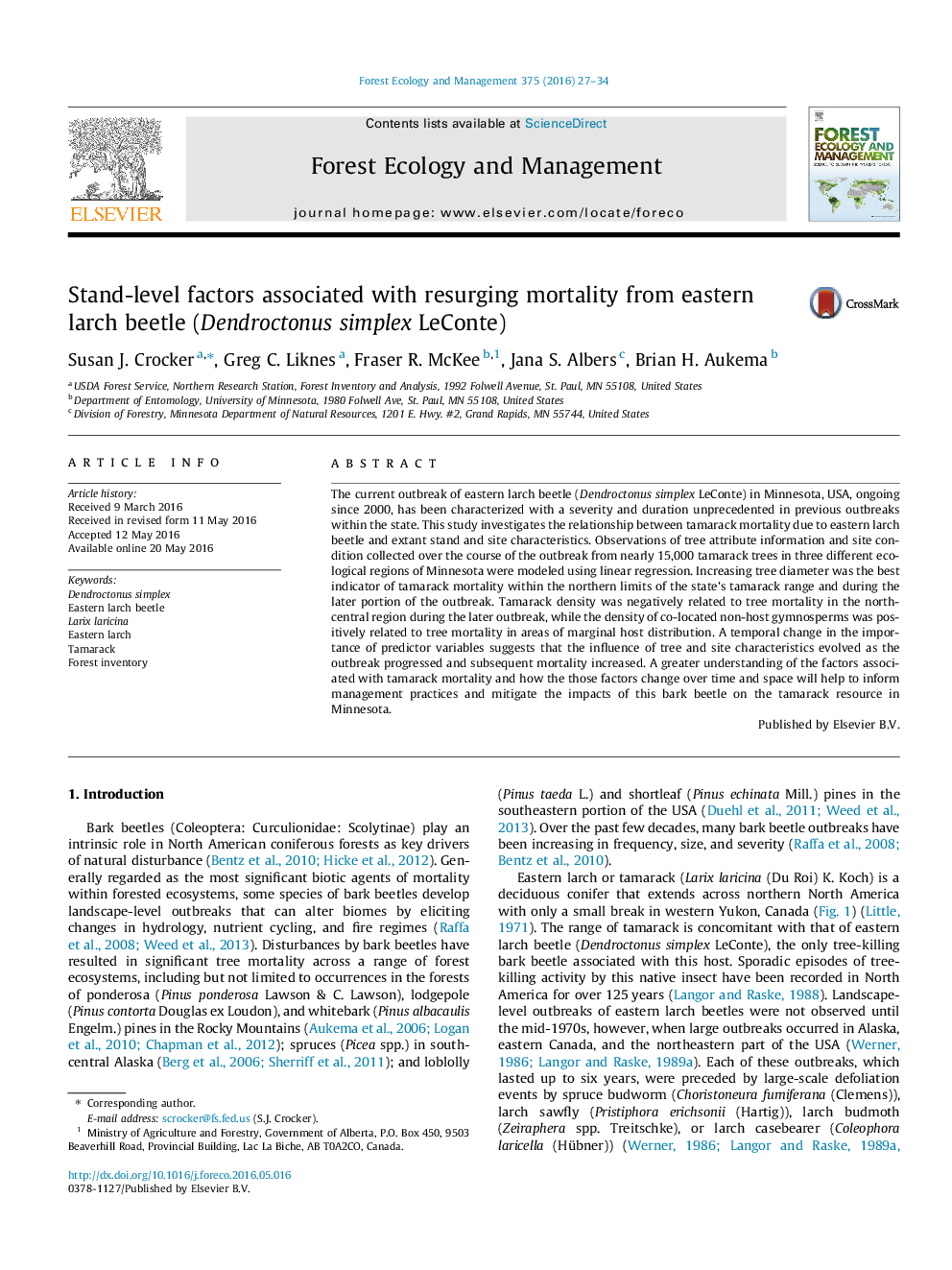 Stand-level factors associated with resurging mortality from eastern larch beetle (Dendroctonus simplex LeConte)