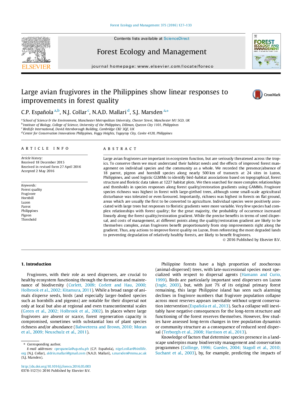 Large avian frugivores in the Philippines show linear responses to improvements in forest quality