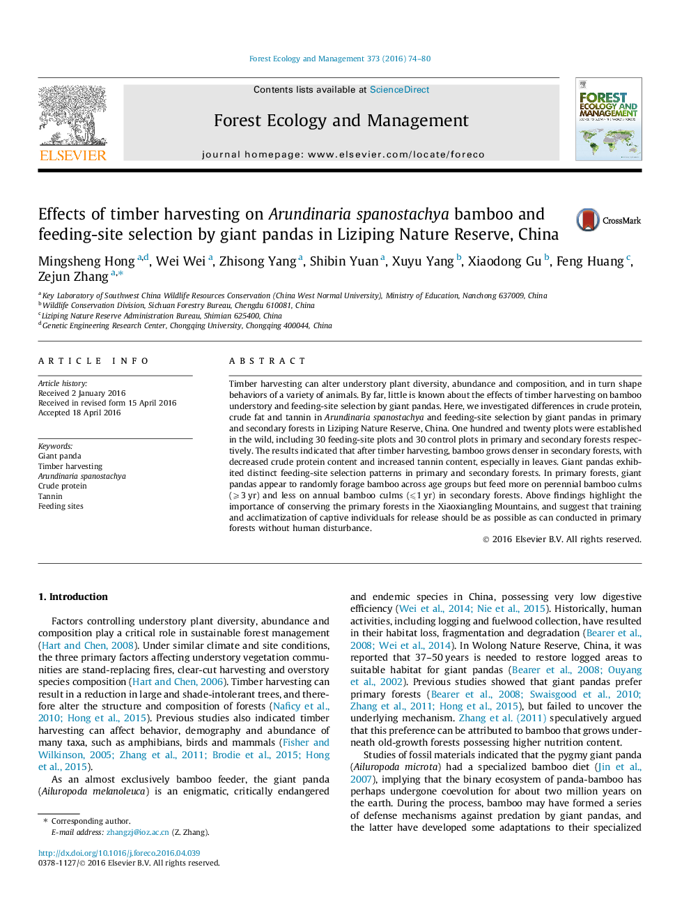 Effects of timber harvesting on Arundinaria spanostachya bamboo and feeding-site selection by giant pandas in Liziping Nature Reserve, China