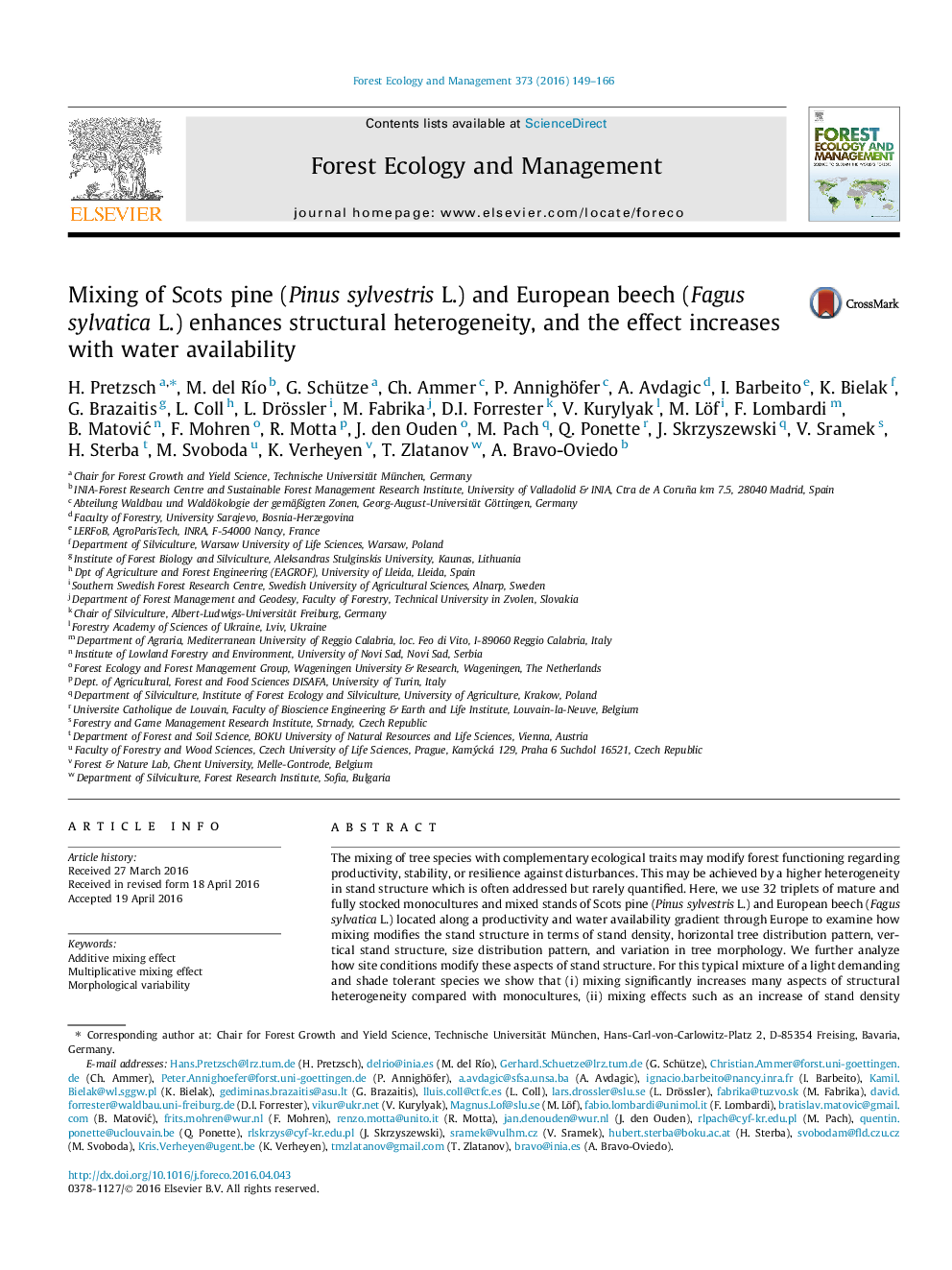 Mixing of Scots pine (Pinus sylvestris L.) and European beech (Fagus sylvatica L.) enhances structural heterogeneity, and the effect increases with water availability