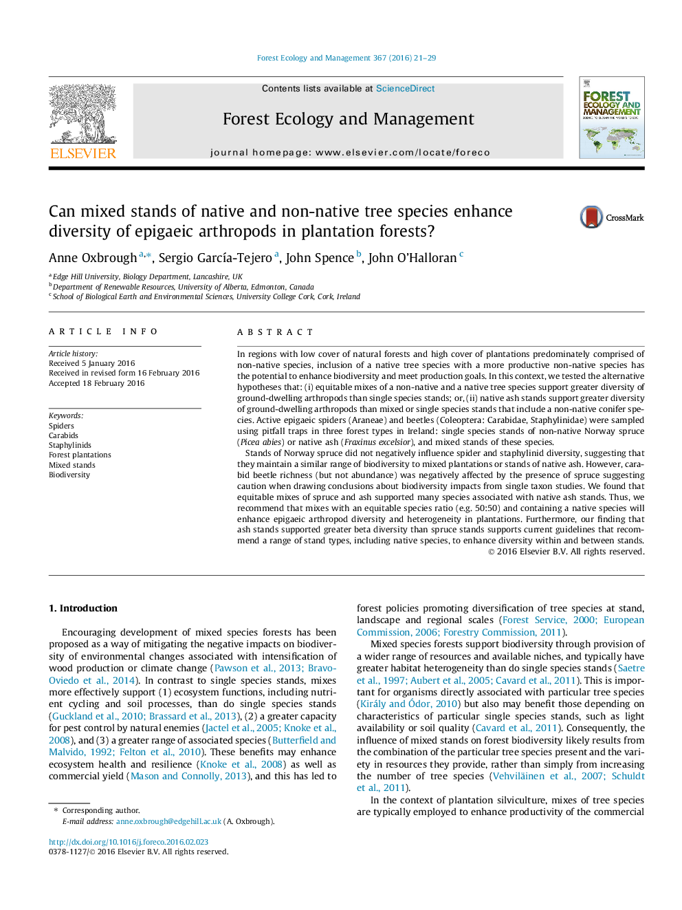 Can mixed stands of native and non-native tree species enhance diversity of epigaeic arthropods in plantation forests?