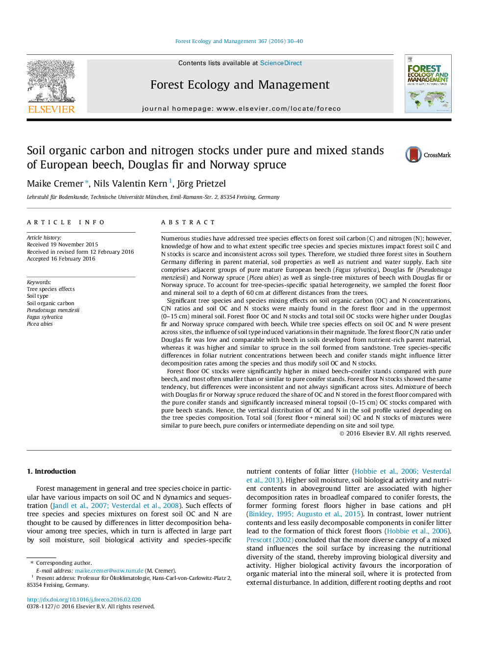 Soil organic carbon and nitrogen stocks under pure and mixed stands of European beech, Douglas fir and Norway spruce