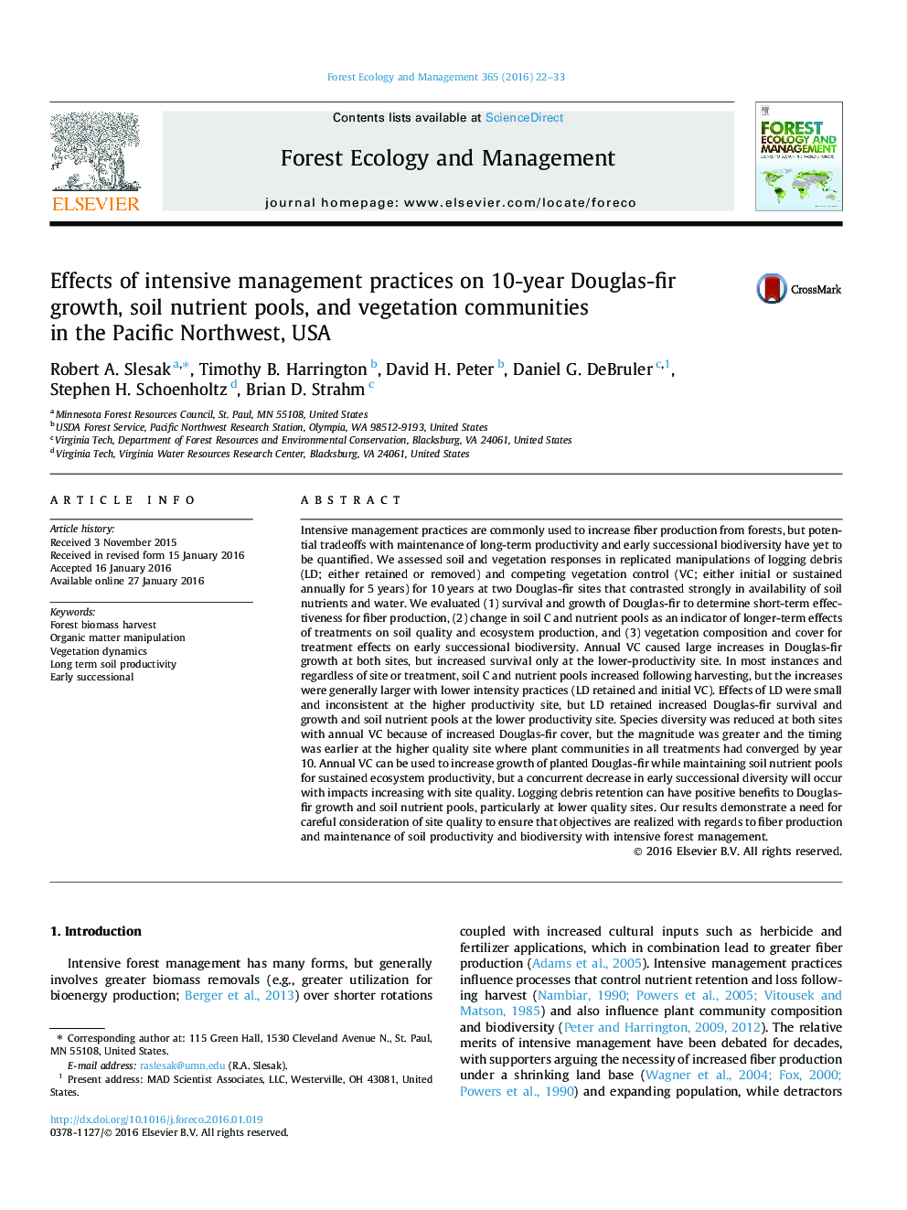 Effects of intensive management practices on 10-year Douglas-fir growth, soil nutrient pools, and vegetation communities in the Pacific Northwest, USA
