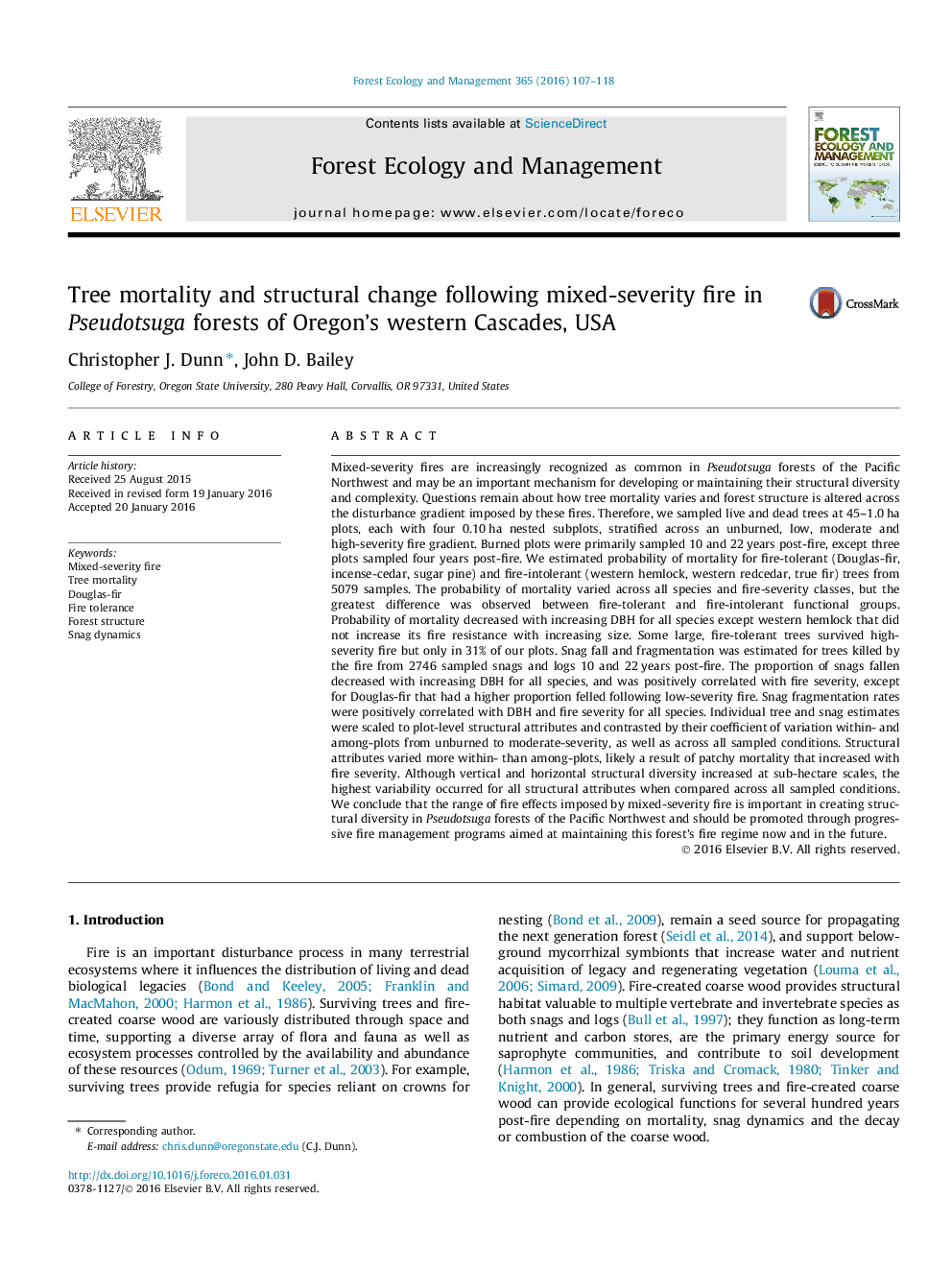 Tree mortality and structural change following mixed-severity fire in Pseudotsuga forests of Oregon's western Cascades, USA