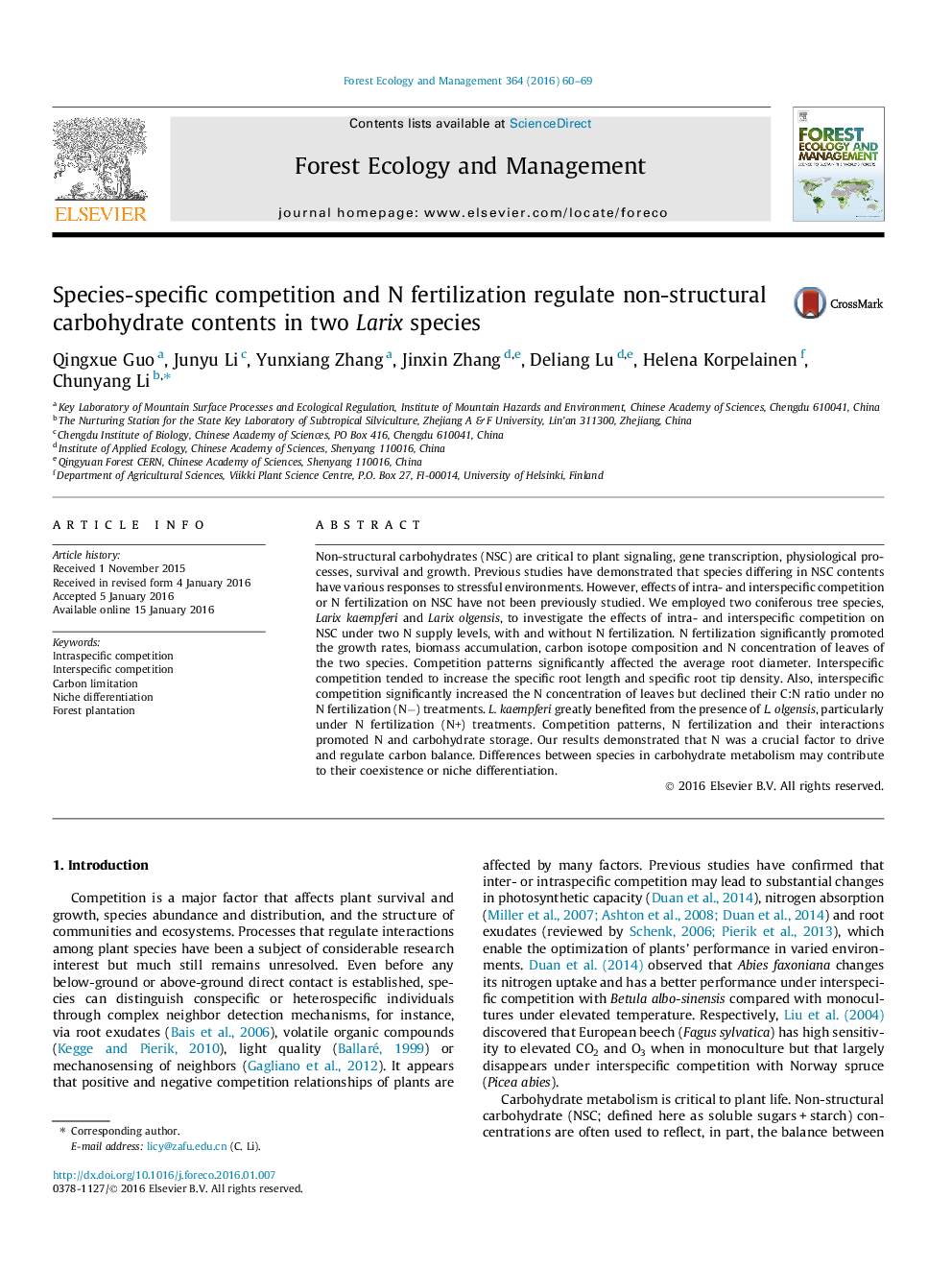 Species-specific competition and N fertilization regulate non-structural carbohydrate contents in two Larix species