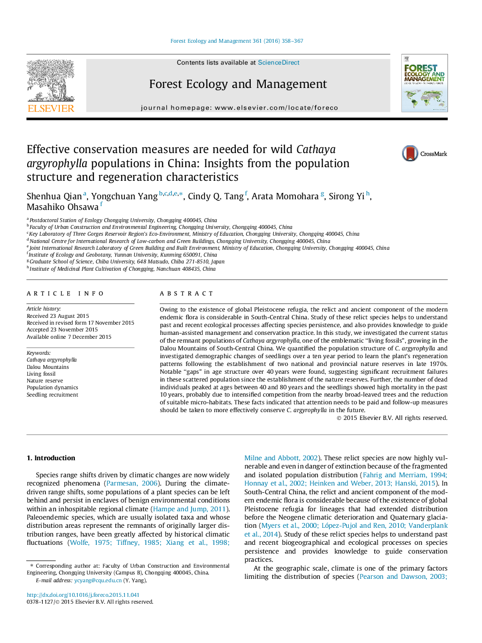 Effective conservation measures are needed for wild Cathaya argyrophylla populations in China: Insights from the population structure and regeneration characteristics