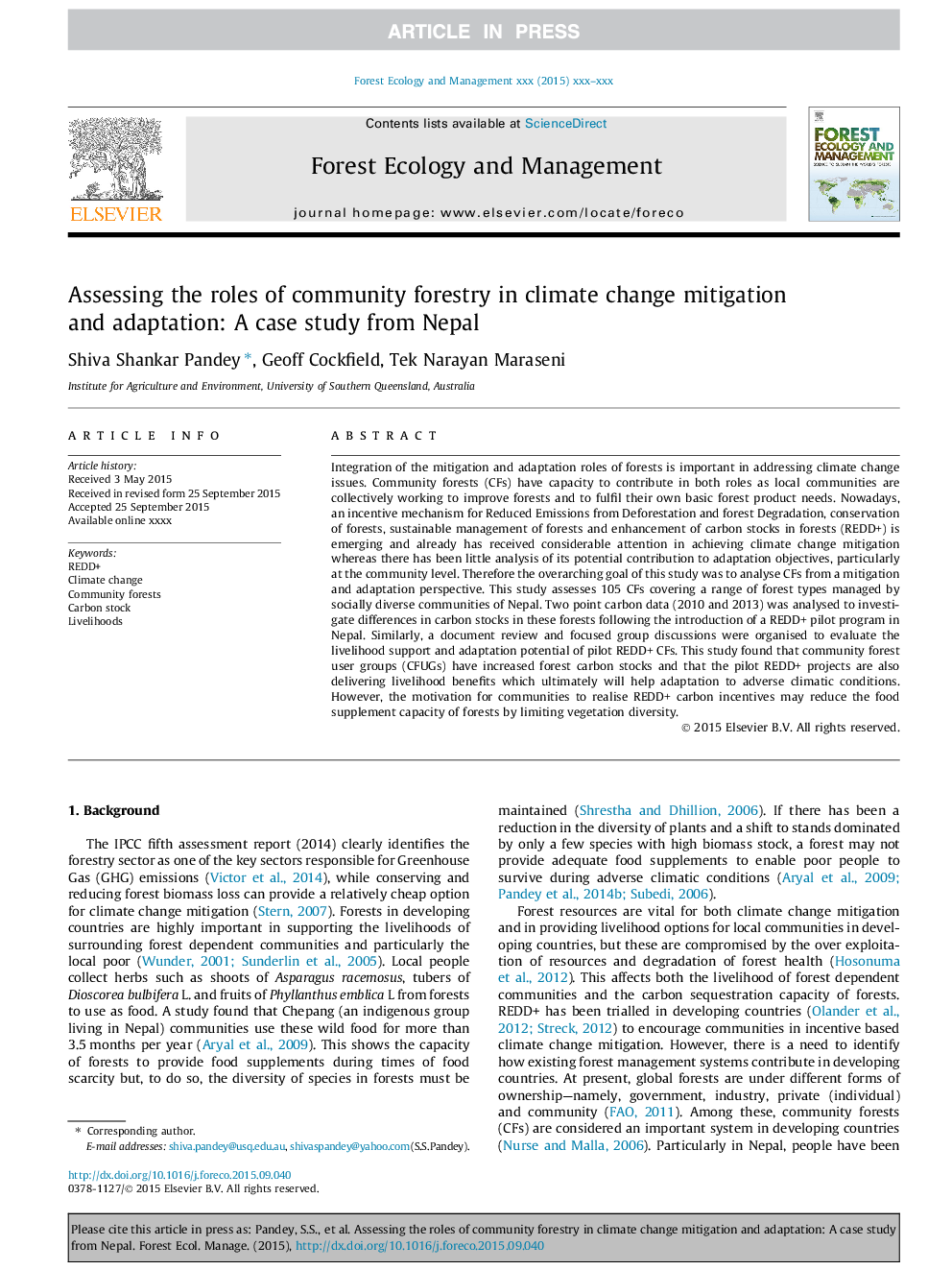 Assessing the roles of community forestry in climate change mitigation and adaptation: A case study from Nepal