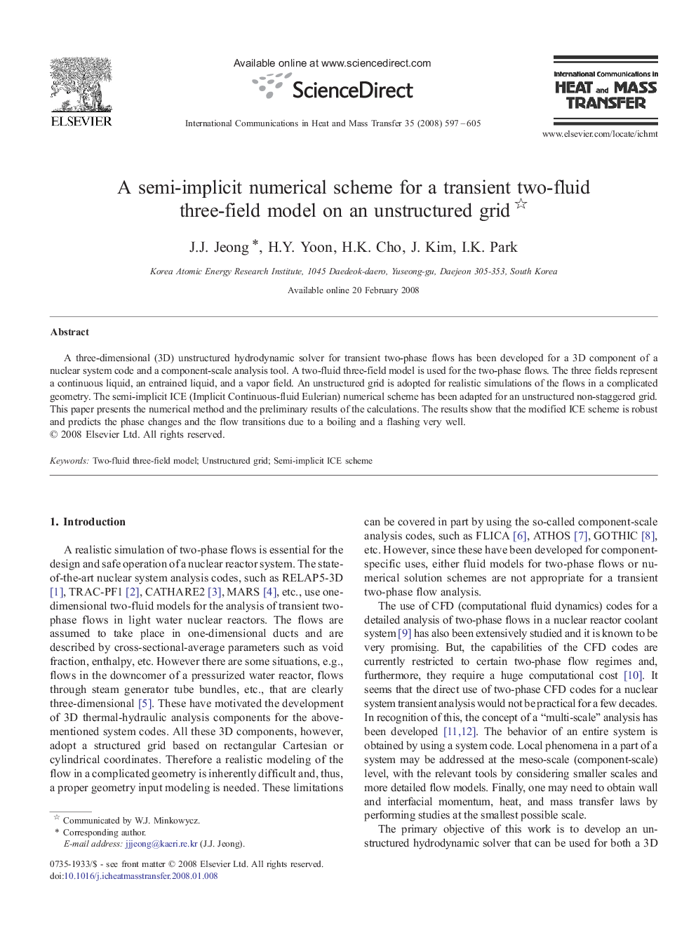 A semi-implicit numerical scheme for a transient two-fluid three-field model on an unstructured grid