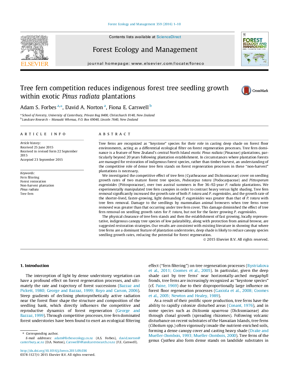 Tree fern competition reduces indigenous forest tree seedling growth within exotic Pinus radiata plantations