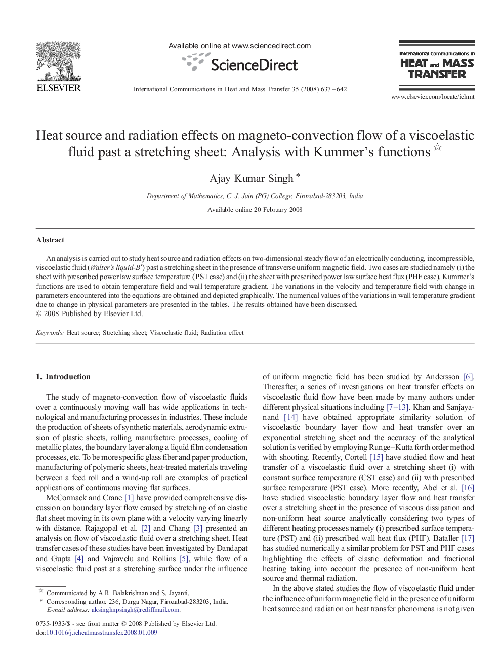 Heat source and radiation effects on magneto-convection flow of a viscoelastic fluid past a stretching sheet: Analysis with Kummer's functions 