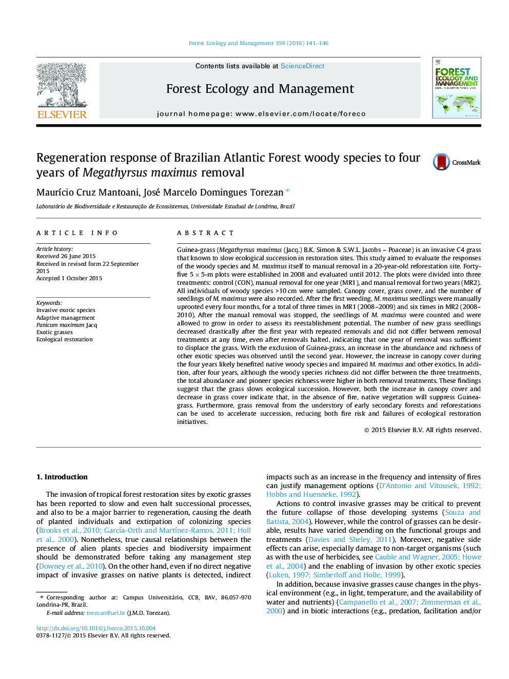 Regeneration response of Brazilian Atlantic Forest woody species to four years of Megathyrsus maximus removal