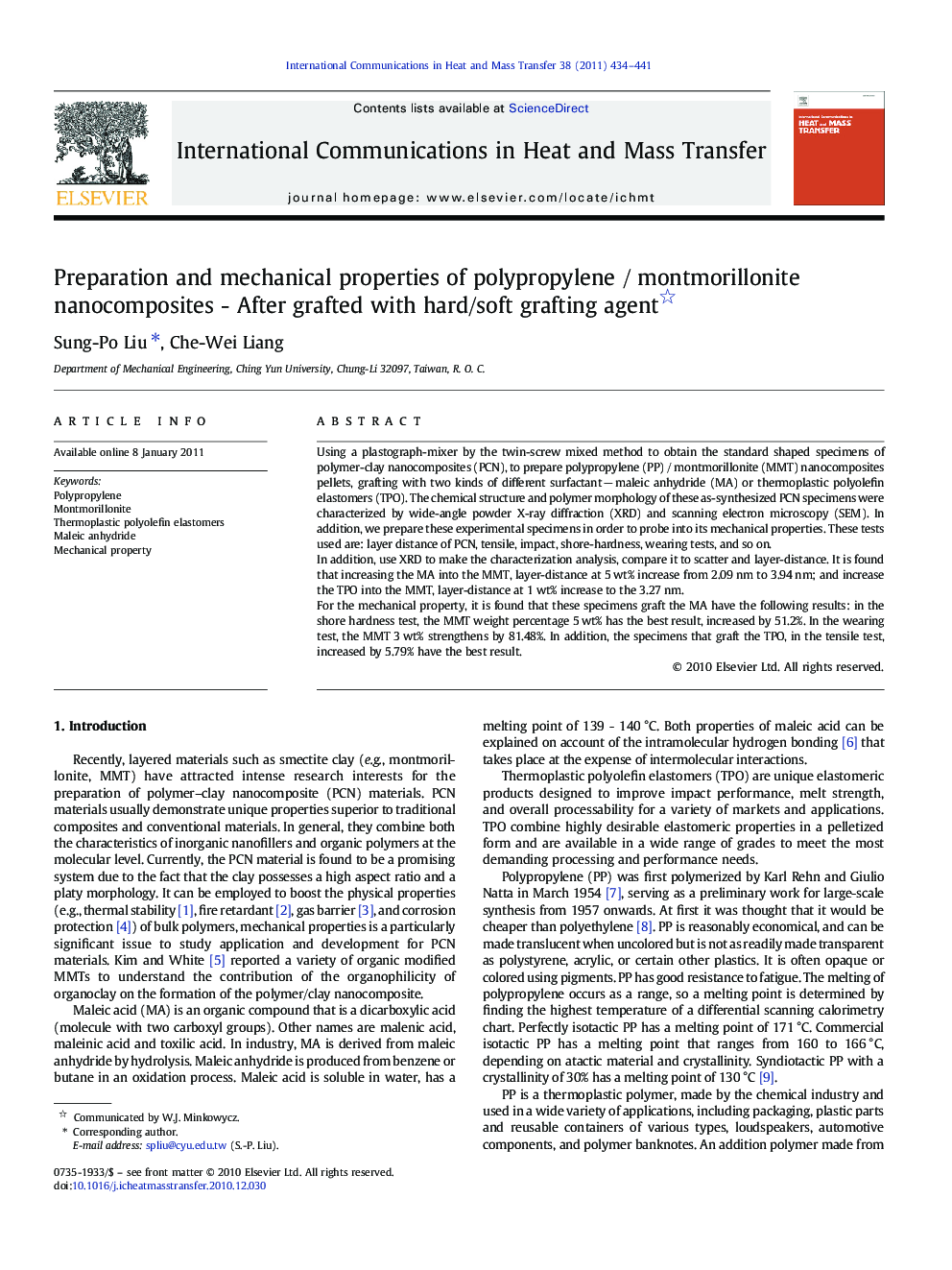 Preparation and mechanical properties of polypropylene / montmorillonite nanocomposites - After grafted with hard/soft grafting agent 