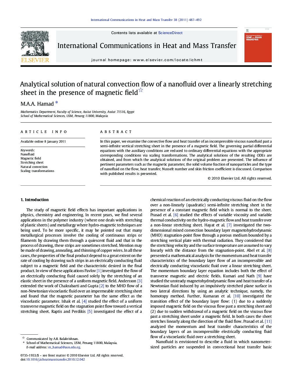 Analytical solution of natural convection flow of a nanofluid over a linearly stretching sheet in the presence of magnetic field 