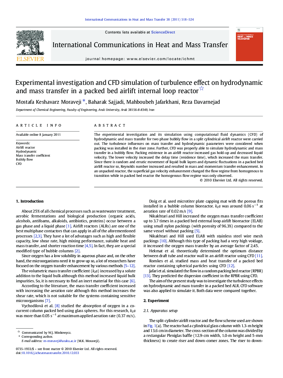 Experimental investigation and CFD simulation of turbulence effect on hydrodynamic and mass transfer in a packed bed airlift internal loop reactor 