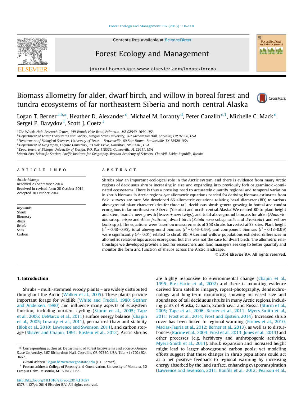 Biomass allometry for alder, dwarf birch, and willow in boreal forest and tundra ecosystems of far northeastern Siberia and north-central Alaska