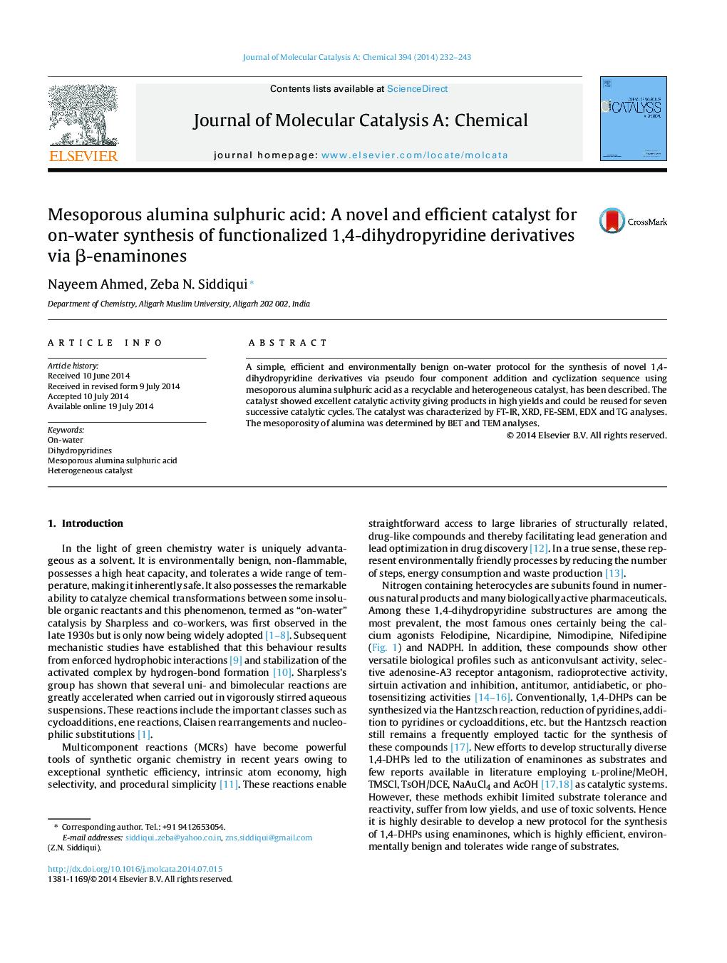 Mesoporous alumina sulphuric acid: A novel and efficient catalyst for on-water synthesis of functionalized 1,4-dihydropyridine derivatives via β-enaminones