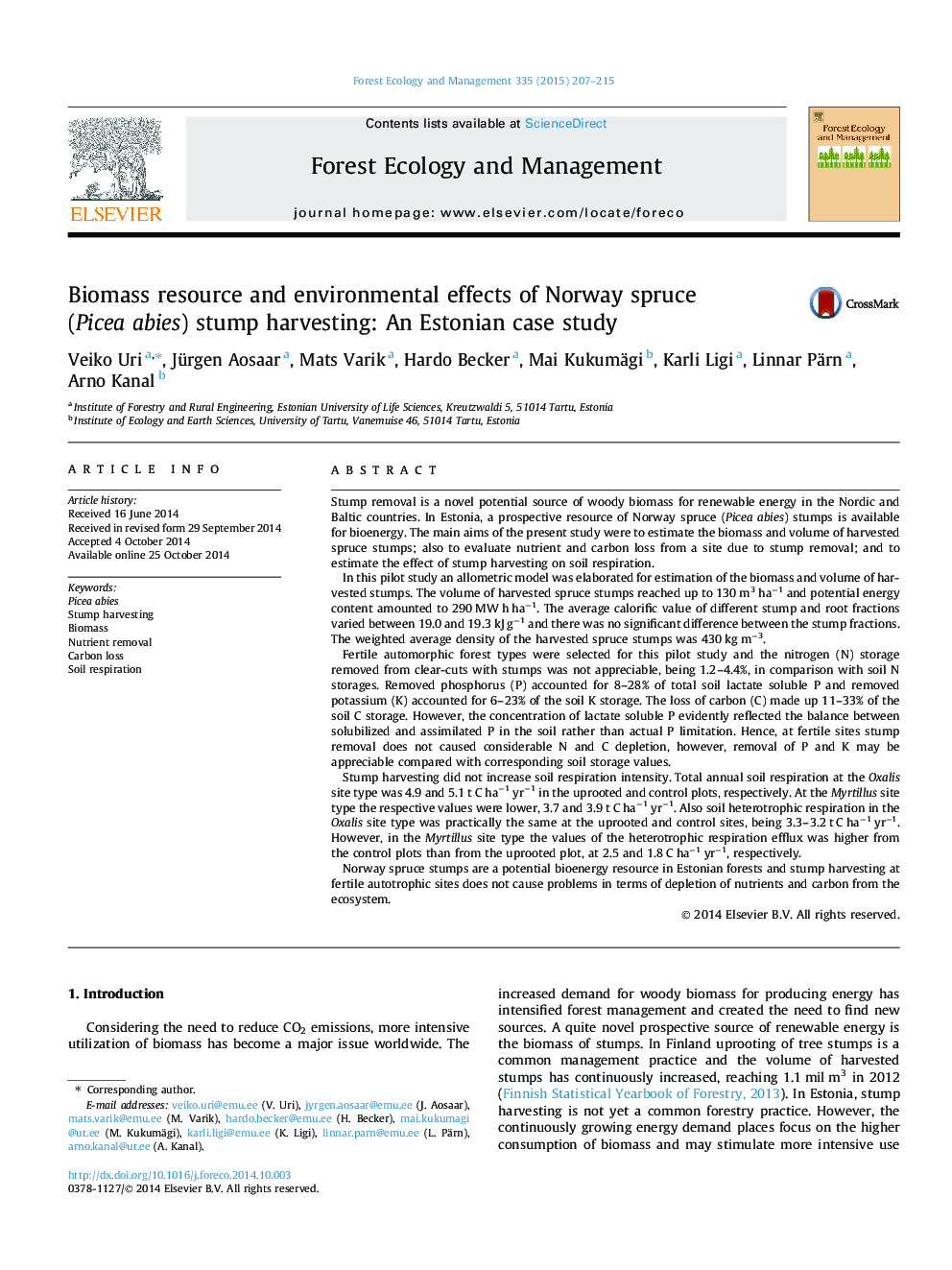 Biomass resource and environmental effects of Norway spruce (Picea abies) stump harvesting: An Estonian case study