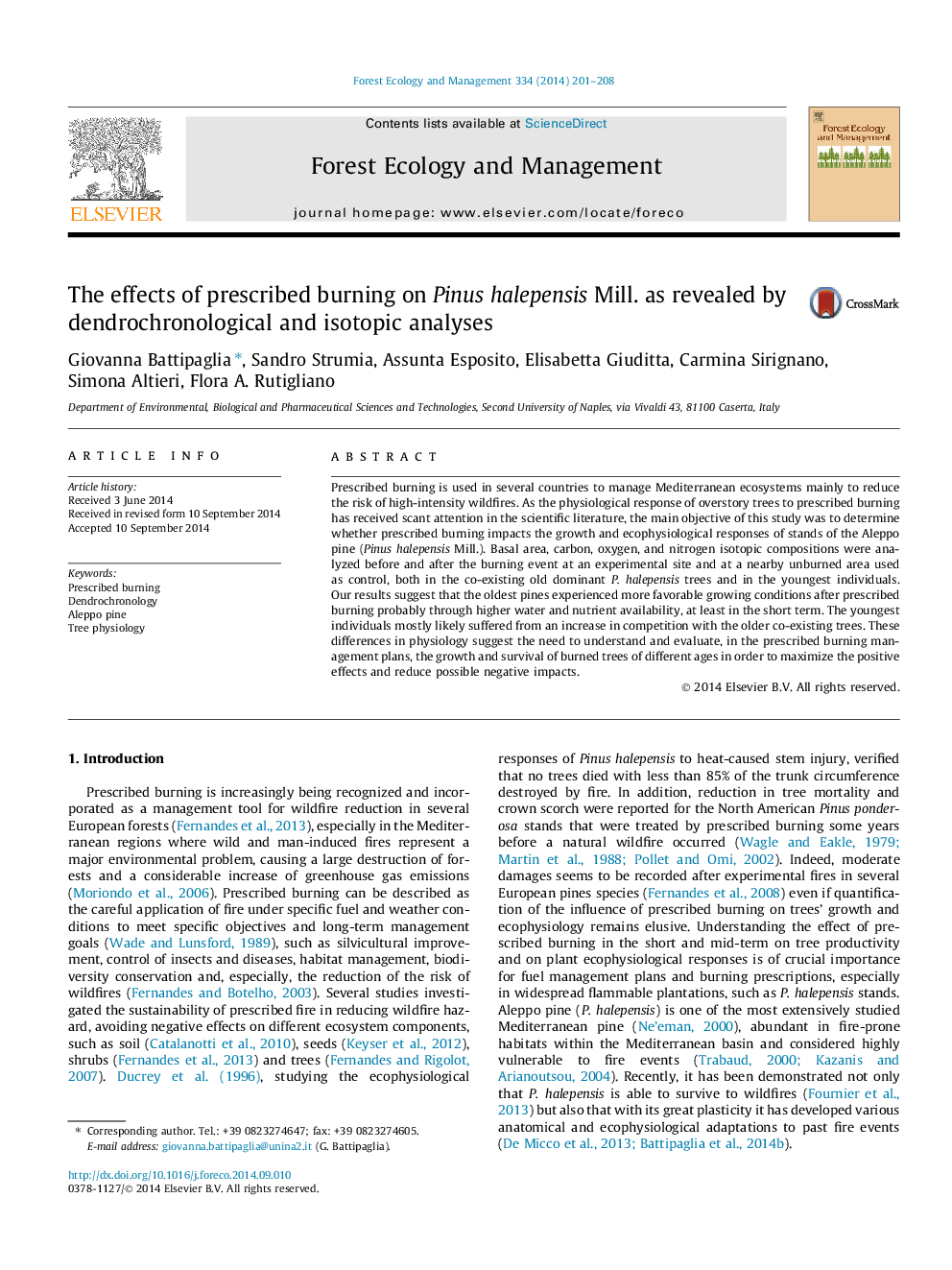 The effects of prescribed burning on Pinus halepensis Mill. as revealed by dendrochronological and isotopic analyses