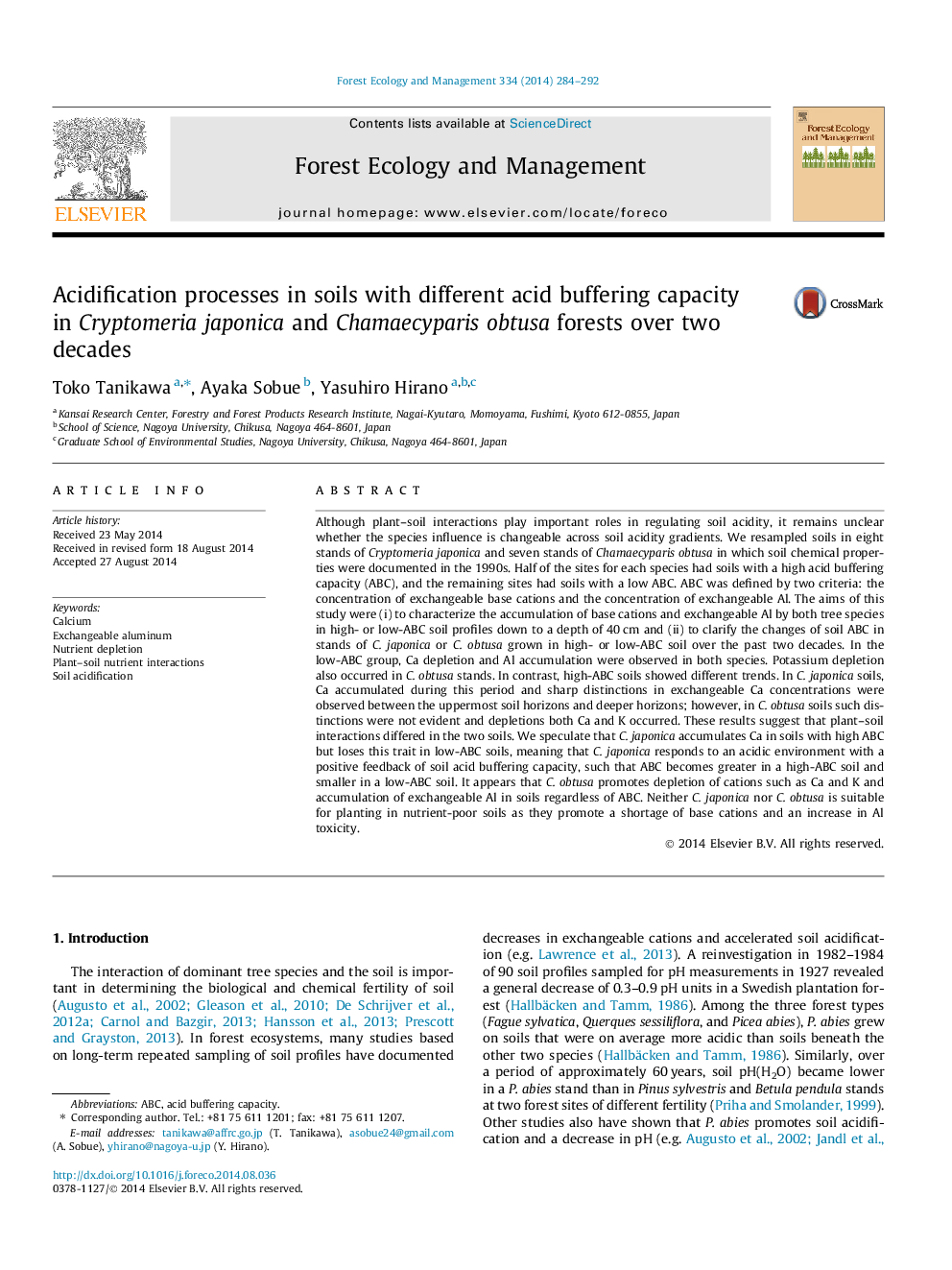 Acidification processes in soils with different acid buffering capacity in Cryptomeria japonica and Chamaecyparis obtusa forests over two decades