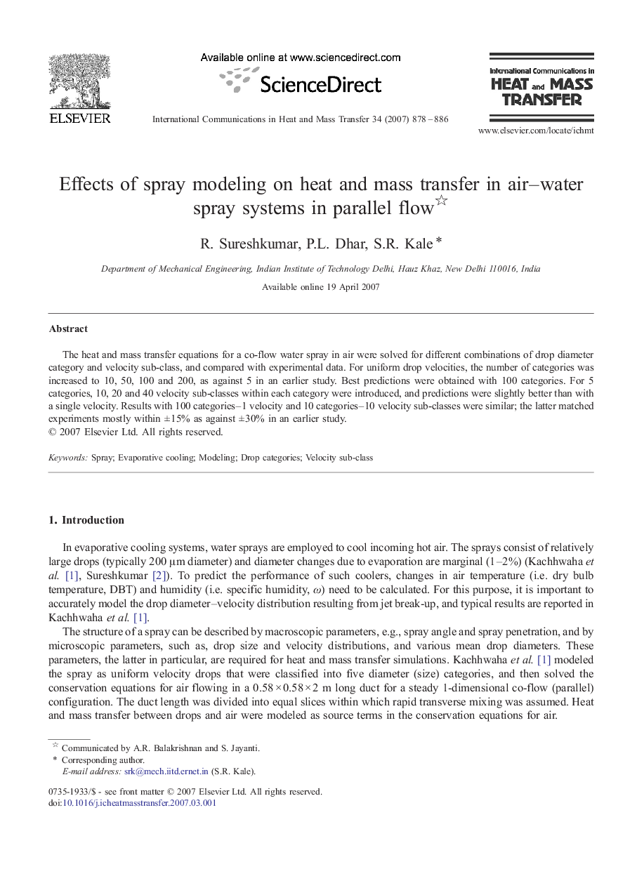 Effects of spray modeling on heat and mass transfer in air–water spray systems in parallel flow 