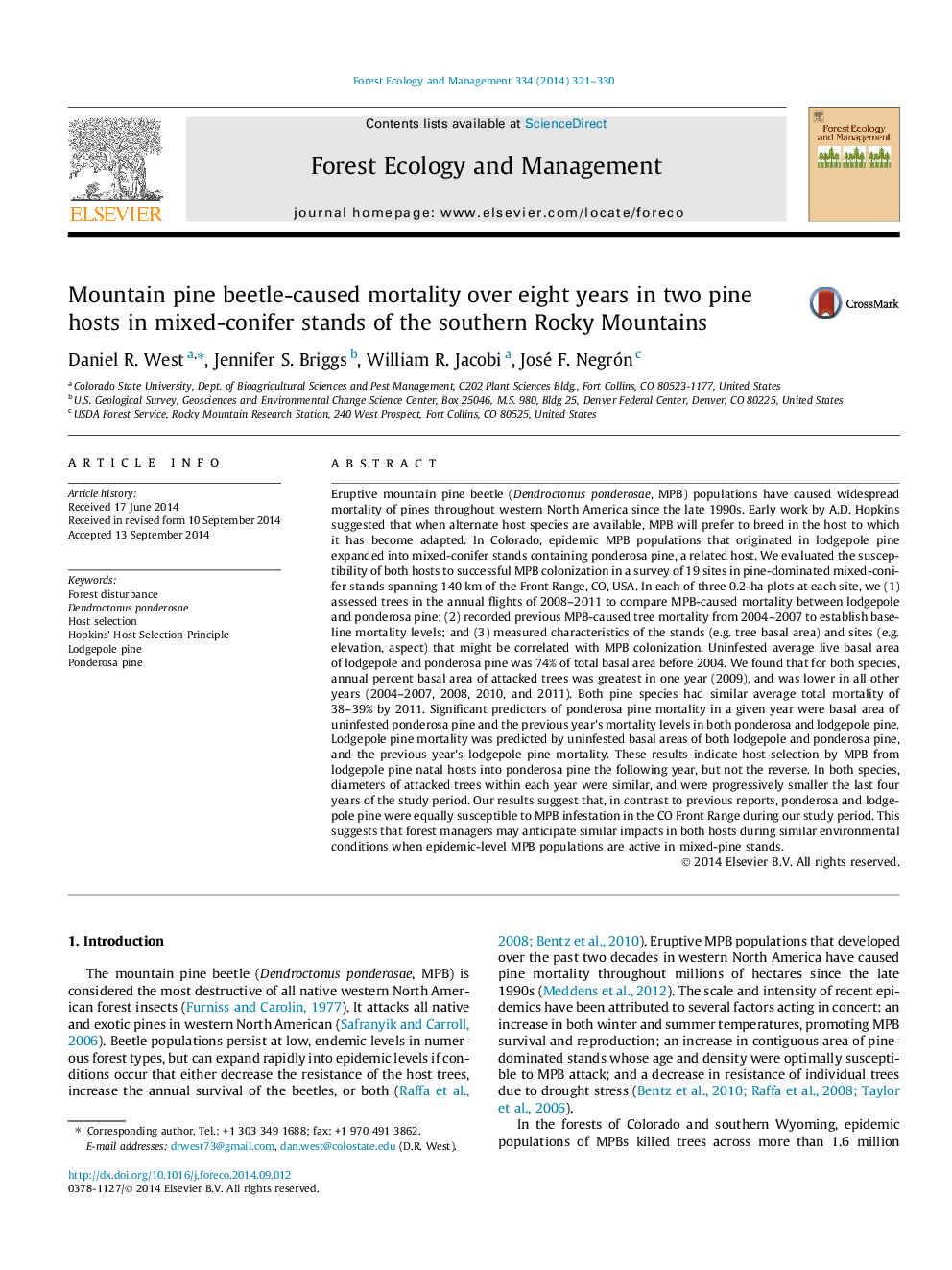 Mountain pine beetle-caused mortality over eight years in two pine hosts in mixed-conifer stands of the southern Rocky Mountains