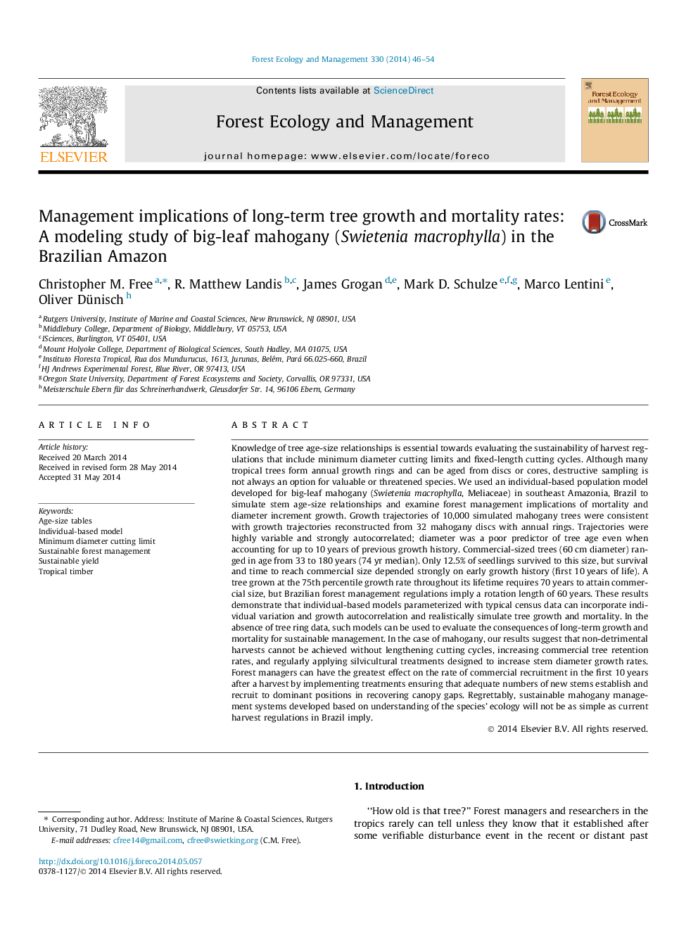 Management implications of long-term tree growth and mortality rates: A modeling study of big-leaf mahogany (Swietenia macrophylla) in the Brazilian Amazon