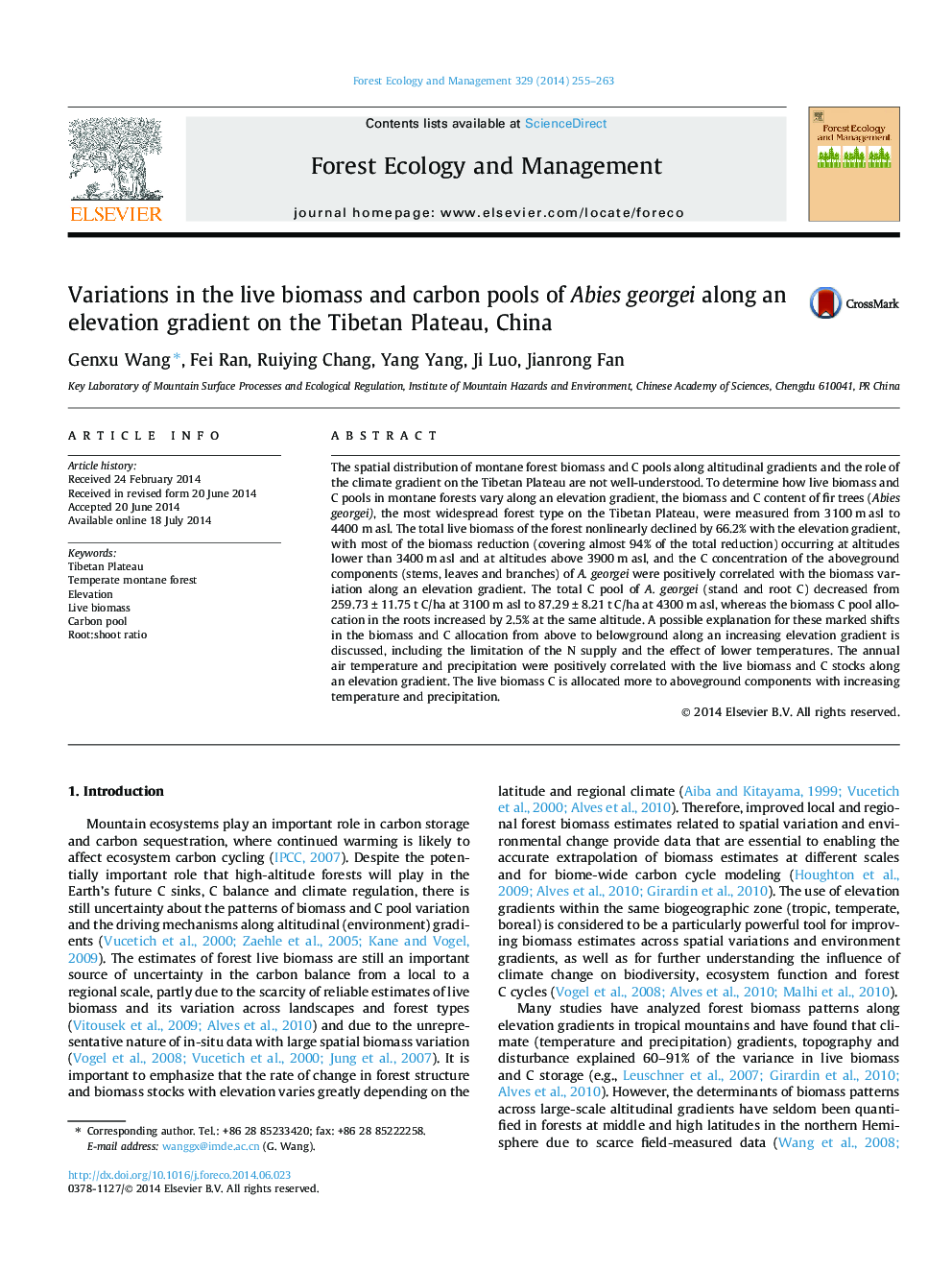 Variations in the live biomass and carbon pools of Abies georgei along an elevation gradient on the Tibetan Plateau, China