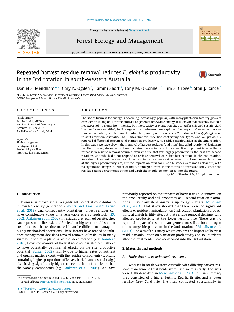 Repeated harvest residue removal reduces E. globulus productivity in the 3rd rotation in south-western Australia